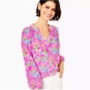Lilly Pulitzer Elsa Silk Popover Top Blouse Women Size M Pink Floral Amethyst